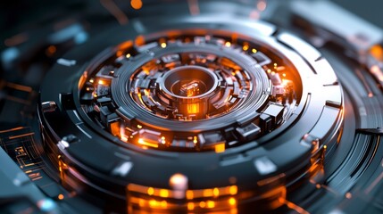 Aufkleber - Close-up of a futuristic, intricate metallic mechanism with glowing orange accents.