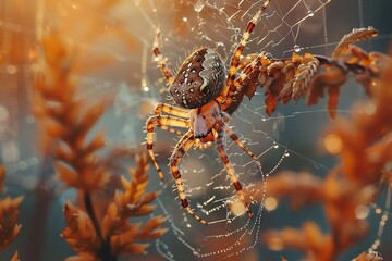 detailed macro shot of garden spider araneus diadematus resting center of dew covered web early morn