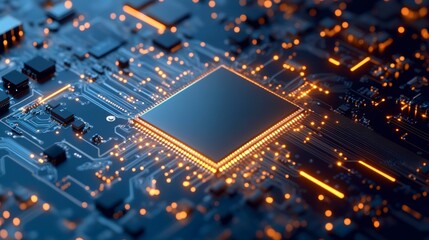 Fototapete - Close-up of a computer processor on a circuit board with glowing orange lines.