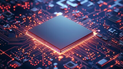 Fototapete - Close-up of a central processing unit (CPU) glowing on a circuit board.
