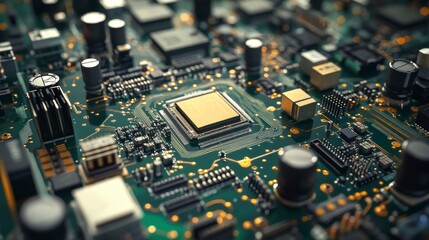 Fototapete - Close-up of a central processing unit (CPU) on a circuit board, showcasing intricate electronic components.