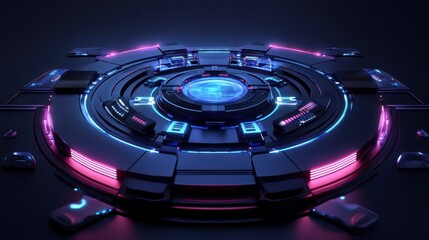 Poster - Futuristic circular technology interface with glowing neon lights.