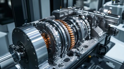 Poster - Close-up of a complex, disassembled, metallic automotive transmission system revealing intricate gears and internal components.