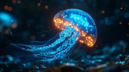 Wall Mural - luminous jellyfish with glowing tentacles in dark ocean.