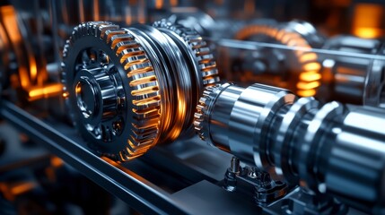 Poster - Close-up of intricate metallic gears and shafts in complex machinery, glowing orange highlights.