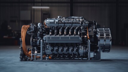 Poster - Powerful industrial engine in a garage setting.