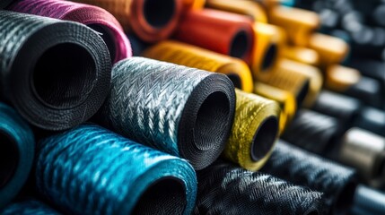 Poster - Colorful rolls of fabric stacked together, showing various textures and patterns.