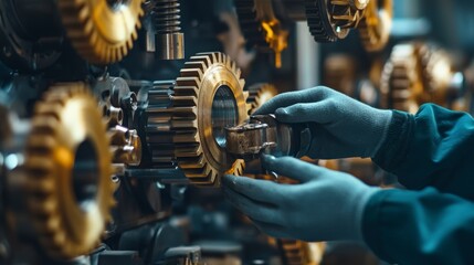 Poster - Close-up of gloved hands carefully adjusting intricate gold gears in industrial machinery.