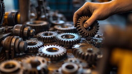 Aufkleber - Close-up of a hand holding a metal gear, surrounded by other gears.