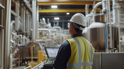 Poster - Industrial worker in hard hat and safety vest uses laptop to monitor complex machinery in a large factory.
