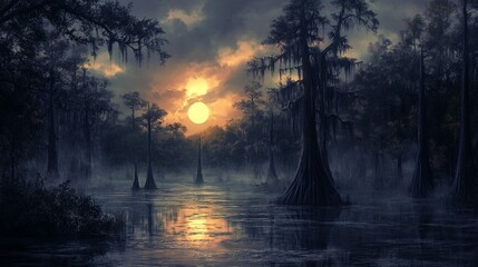 Wall Mural - mystical swamp sunset with fog, cypress trees, and still water reflecting the sun.