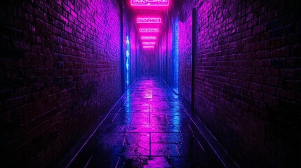 Wall Mural - neon-lit brick alleyway at night, wet floor, purple and blue lights.