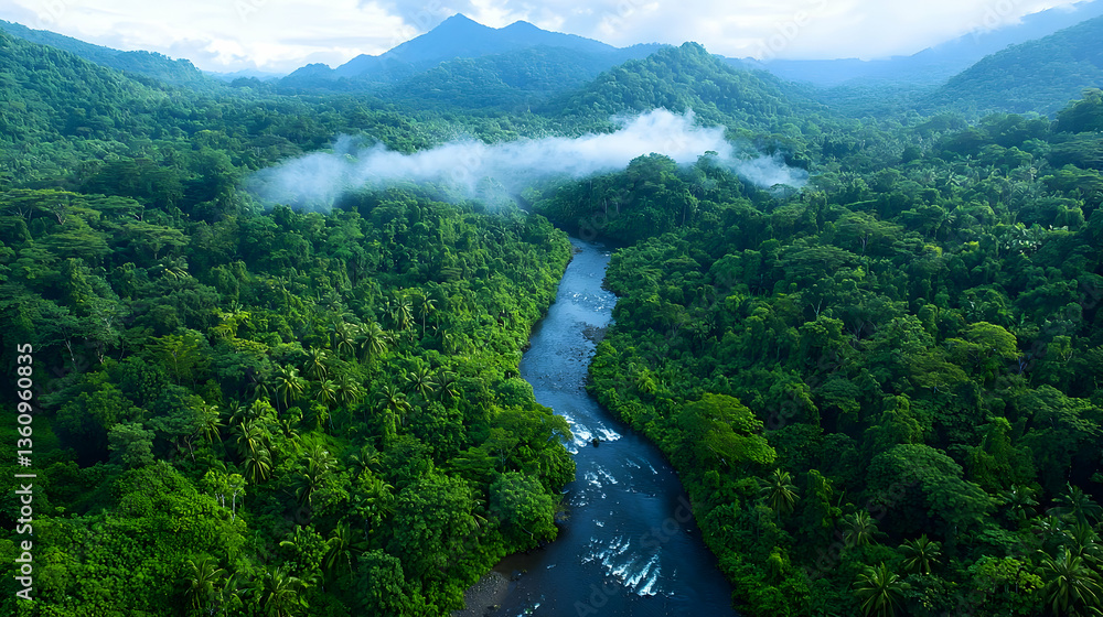 Aerial View of Lush Tropical Rainforest River and Mountains Stock Photo ...
