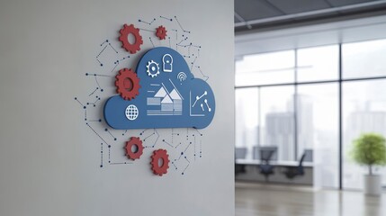 Leinwandbilder - Blue cloud icon with gears and data charts on a white wall in a modern office.
