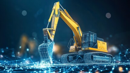 Poster - Yellow excavator with wireframe digital overlay on dark background.