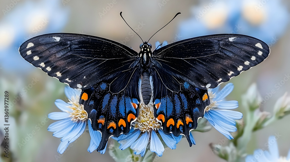 Black Butterfly with Blue and Orange Markings on a Blue Flower Stock ...
