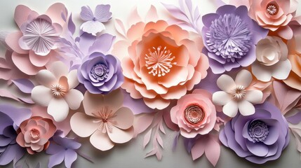 Aufkleber - Delicate floral paper art composition with layered flowers in soft pink and purple tones showcasing intricate cutout details