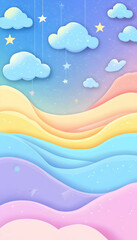 Wall Mural - kawaii fantasy pastel colorful sky with clouds and stars in a paper-cut style -