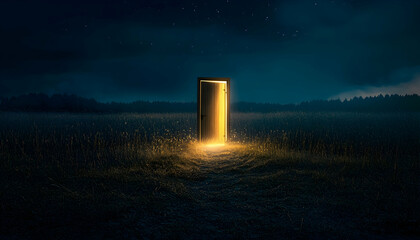 Wall Mural - light shining through an open door in a field at night, symbolizing new beginnings -