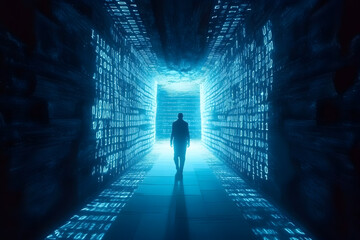 Man walks towards digital future; code walls