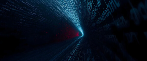 Data stream tunnel, digital flow, red light, dark background, tech concept