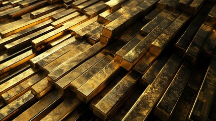 Aufkleber - A high-angle, close-up view of a large pile of gleaming gold bars, subtly textured and illuminated by warm light.