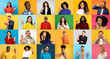 © Prostock-studio - A vibrant collage showcases a diverse group of men and women, each expressing joy through gestures and smiles. The colorful background enhances the celebration of unity.