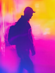 Poster - Vibrant abstract background featuring a delivery worker silhouette in bright neon tones with soft depth effects Generative AI