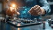 © trustmastertx - Close-up of hands working on a circuit board with a digital data cube hologram.