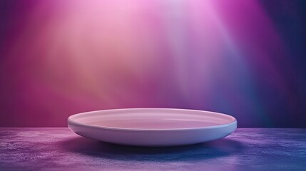 Wall Mural - Empty white round plate on dark surface with pink and blue neon lighting.