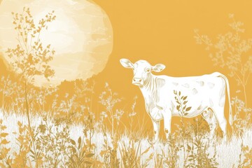 Aufkleber - Joyful dairy cow stands in a lush green meadow under warm golden sunlight with a soft depth of field Generative AI