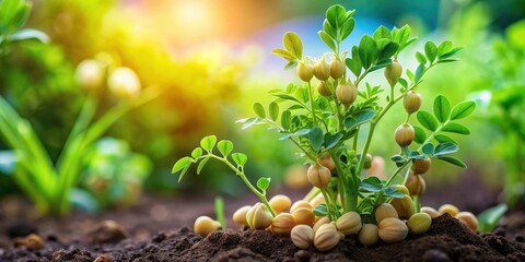 Wall Mural - Healthy chickpea plant growing amidst lush green leaves and soil in a vibrant garden, surrounded by flowers and herbs