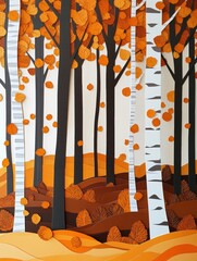 Poster - Layered paper cut autumn forest showcasing golden leaves and warm hues in a cozy seasonal setting Generative AI