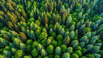 Wall Mural - Dense evergreen pine forest with towering trees stretching towards the sky from a bird's eye view, botanical garden, landscape
