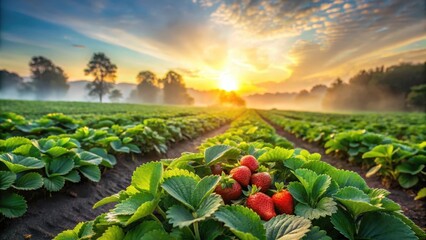 Wall Mural - Softly lit strawberry fields at sunrise with dew-kissed plants and vibrant green leaves stretching towards the sky