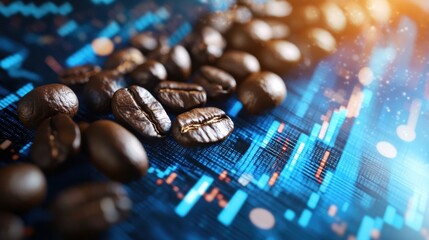 Poster - Coffee beans on market chart illustrating trade dynamics and pricing trends in the global coffee industry Generative AI