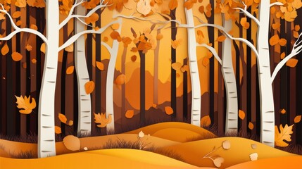 Poster - Layered paper cut autumn forest with falling leaves in warm orange and brown tones during a cozy seasonal afternoon Generative AI