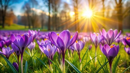 Wall Mural - Vibrant purple crocus flowers blooming in a lush green meadow with warm sunlight filtering through the trees, garden, purple