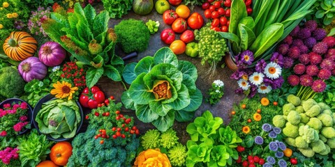 Wall Mural - A lush top view of a colorful garden with vibrant flowers and various shapes of vegetables in a natural setting, flowers, vegetable garden
