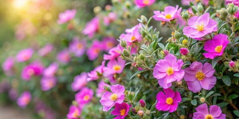 Wall Mural - A delicate Grey-leaved cistus hedge with vibrant pink flowers and soft fuzzy foliage, set against a warm natural background , outdoor decor, botanical garden