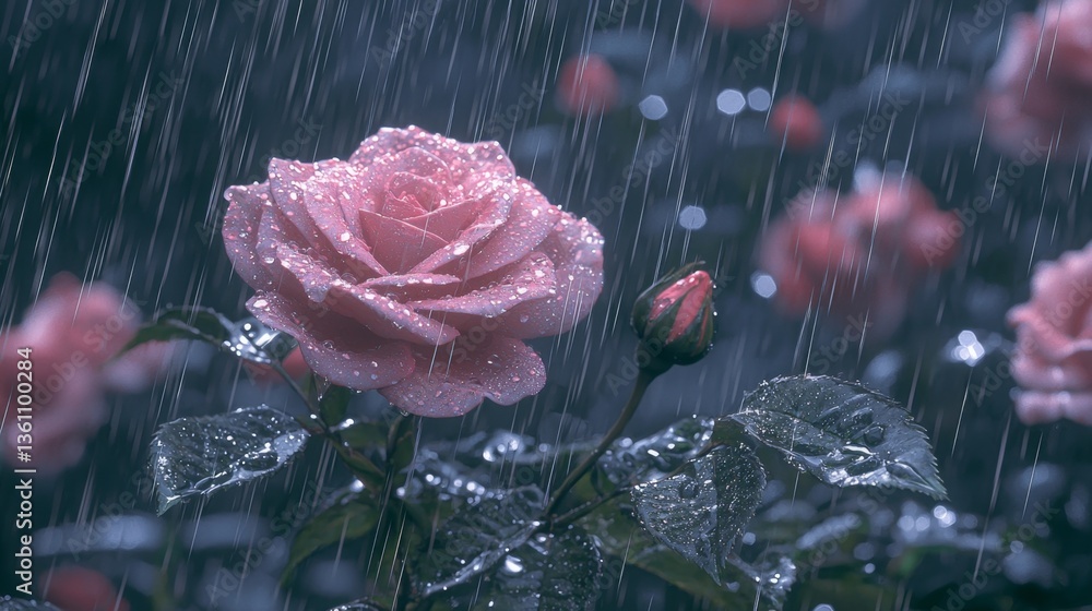 Pink Roses Rain Mist Beautiful pink rose with rain droplets on petals in a lush garden ...