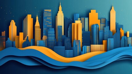 Fototapete - Stunning layered cut paper skyline with soft lighting showcasing modern urban architecture and dynamic perspective Generative AI