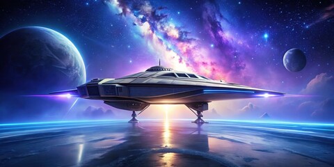 Wall Mural - a futuristic spaceship descends onto an icy extraterrestrial plane, illuminated by a cosmic nebula a