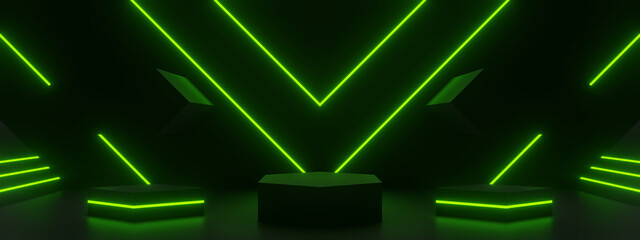 Wall Mural - 3d black podium with green neon lights