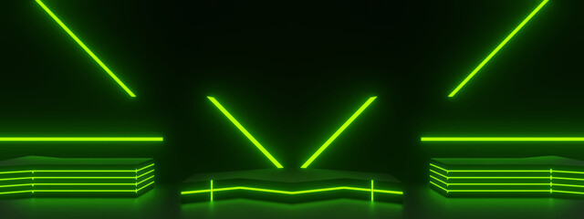 Wall Mural - 3d black podium with green neon lights