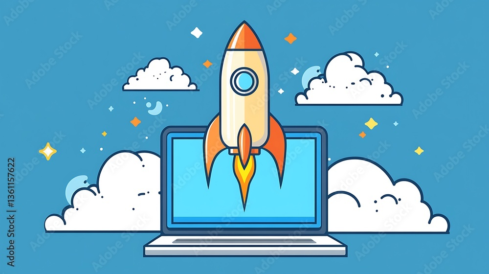 Rocket Launching from Laptop Illustration, Illustration of a rocket ...