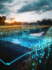 Aufkleber - High-tech holographic display showcases crop yield data over rural farmland at sunset Generative AI