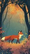 © Postproduction - Cartoon fox strolling through an enchanting forest. Vertical