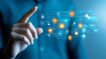Human hand activating futuristic touchscreen technology, a seamless interaction with digital interface