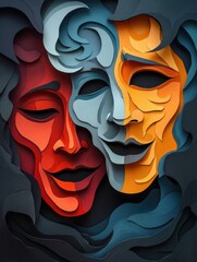 Fototapete - Stunning paper cut illustration showcasing comedy and tragedy theater masks with deep shadows and rich colors emphasizing dramatic expression Generative AI